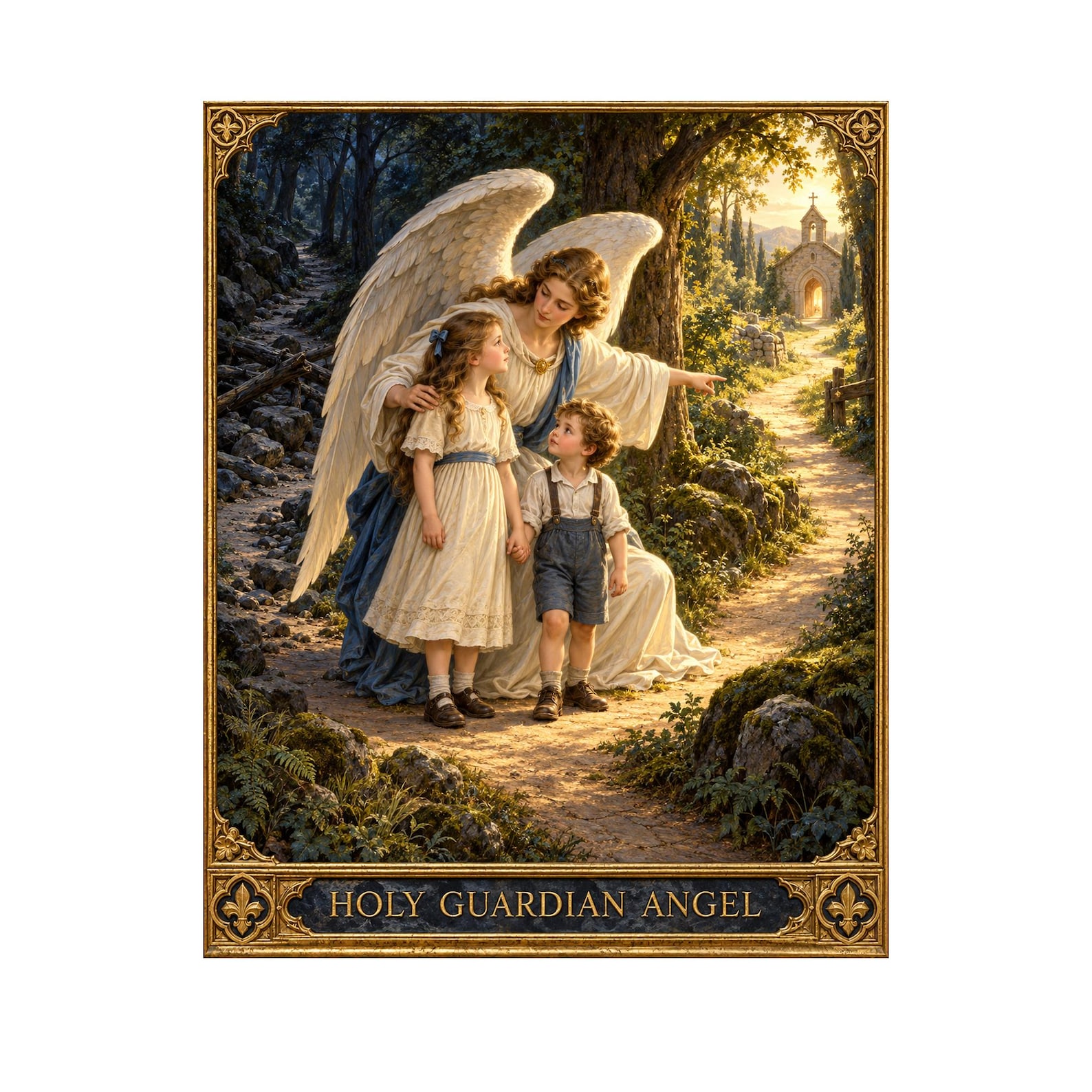Guardian Angel Catholic Wall Art, Two Children Guided Toward a Chapel, Woodland Path of Light